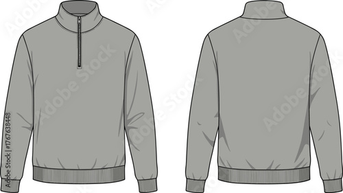 Technical flat sketch vector illustration of long sleeve pullover with zipper collar, ribbed cuffs, waistband, front and back garment views