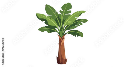 Illustration of a banana tree with large green leaves and a brown trunk isolated on transparent background. Lush green banana tree with broad leaves and brown trunk isolated object