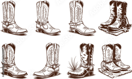 Vector set of western frames with cowboy hat and lasso rope, hand-drawn black and white sketch on parchment paper with stars, detailed monochrome engraving isolated on white background