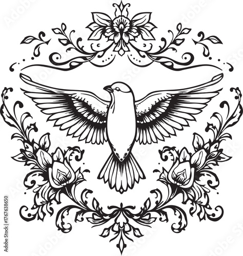 Floral Bird Silhouette with Ornamental Flowers
Vintage Dove and Floral Pattern Decorative Design
Elegant Bird with Floral Frame Vector Art