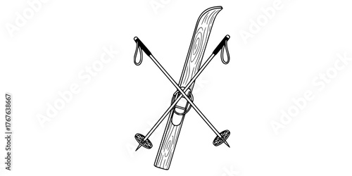 Vintage Wooden Skis and Poles Crossed Flat Vector Icon