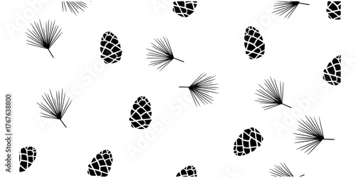Stylized Pine Cone and Evergreen Needles Vector Pattern
