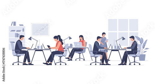 Modern office collaboration in minimalist workspace with focused employees