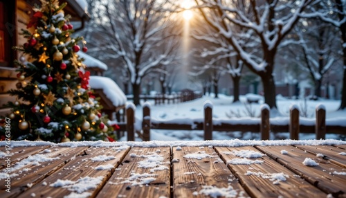 Festive Christmas Scene with Cozy Wooden Table and Snow Background
