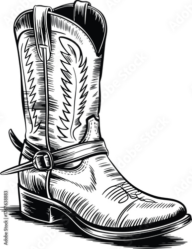 Classic wild west cowboy boot illustration, black and white vintage engraving, tall leather boot with stitched patterns and metal spur, hand-drawn monochrome vector line art isolated on white backgrou