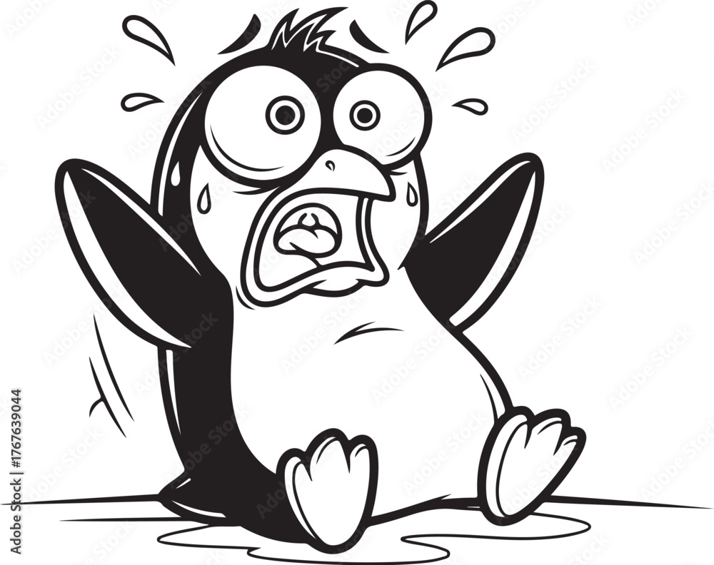 Obraz premium Scared cartoon penguin with wide eyes and open mouth, falling down