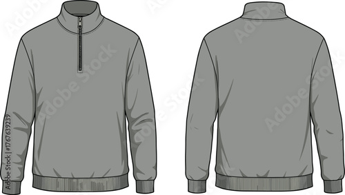 Gray quarter zip pullover front and back view vector illustration, casual fashion clothing design template for apparel, retail, garment manufacturing