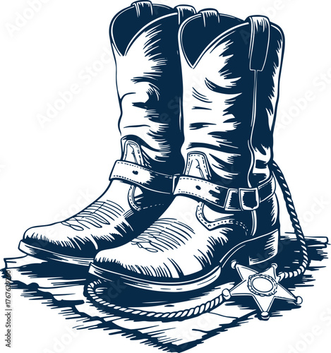 Classic wild west cowboy boot illustration, black and white vintage engraving, tall leather boot with stitched patterns and metal spur, hand-drawn monochrome vector line art isolated on white backgrou