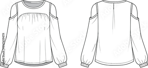 Fashion vector illustration of women’s cold shoulder blouse with round neckline, pleated front, long sleeves, gathered cuffs, and back pleat
