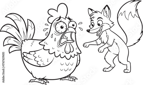 Scared chicken and sly fox cartoon illustration