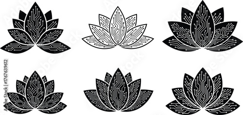 Lotus flower circuit pattern, digital nature fusion, technology and spirituality design, abstract floral illustration, futuristic eco harmony, modern electronic art concept