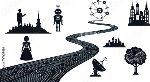 Technology evolution journey, digital circuit road illustration, society transformation concept, artificial intelligence, urban development, cultural heritage 