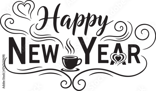 Happy new year text with decorative swirls and a coffee cup
