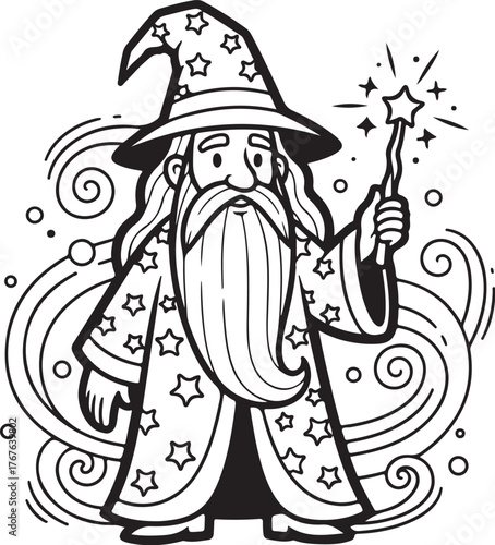 A cartoon wizard with a long beard, pointy hat, and starry robe, holding a magic wand with a star