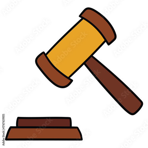 Hand-drawn cartoon judges wooden hammer on a white background.