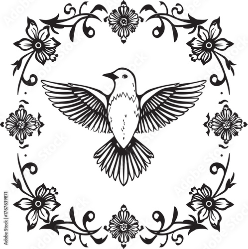 Floral Bird Silhouette with Ornamental Flowers
Vintage Dove and Floral Pattern Decorative Design
Elegant Bird with Floral Frame Vector Art
