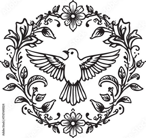 Floral Bird Silhouette with Ornamental Flowers
Vintage Dove and Floral Pattern Decorative Design
Elegant Bird with Floral Frame Vector Art
