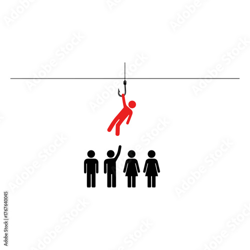 Victim of a fishing hook bait leading to capture by a sharp hook with other people watching from below