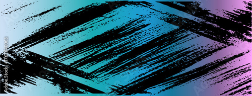 Bold black shaped pattern textured brush strokes with abstract gradient from blue to pink background