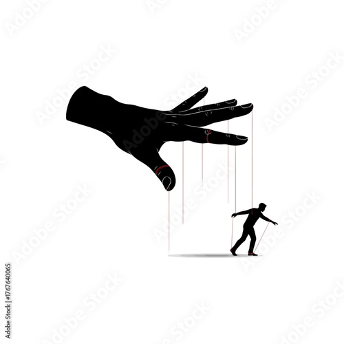 Black Silhouette Hand Controlling Marionette Puppet Figure on Strings With Red Accents Symbolizing Control Manipulation and Influence