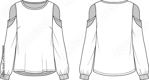 Fashion vector illustration of women’s blouse with cold shoulder cutout, long sleeves, gathered cuffs, front and back technical sketc