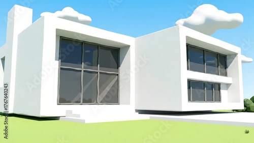 Modern White House with Large Windows under Bright Blue Sky