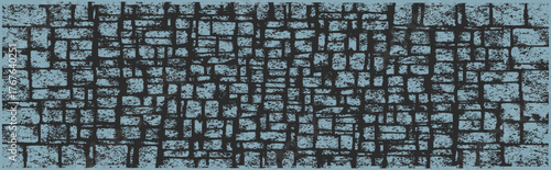 Rough grunge-style texture with distressed mesh, dark irregular grid pattern on a light blue background