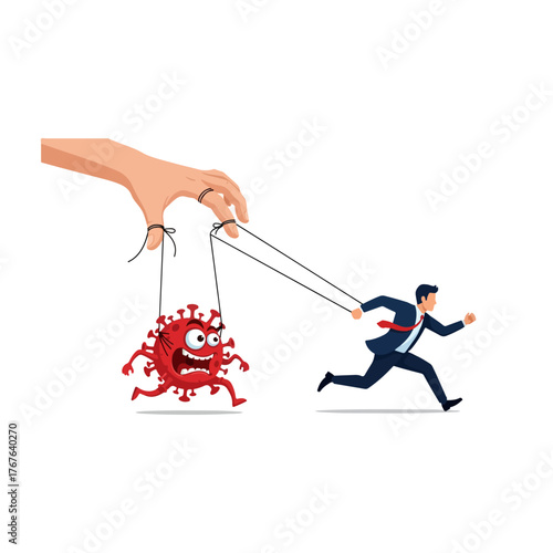 Vector illustration of a businessman puppet controlled by a coronavirus monster manipulated by a hand