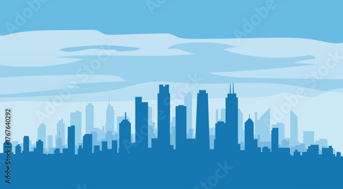 Urban panorama Silhouette of a modern city skyline in blue tones, featuring various skyscrapers and buildings against a cloudy sky, creating a serene urban landscape. Flat style vector illustration.