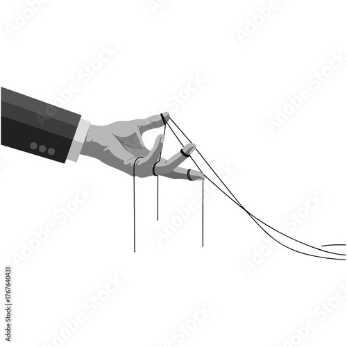 Puppeteer Hand in Suit Controlling Strings of Invisible Marionette, Symbolic of Power and Control