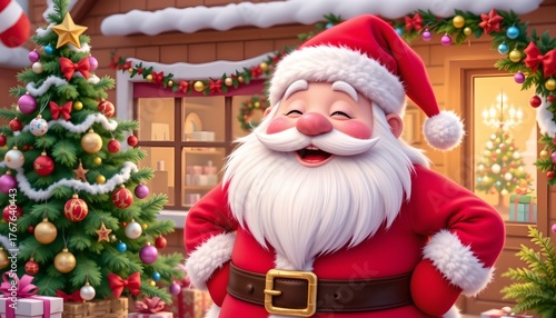 Cheerful Santa Claus Festive Home with Christmas Tree