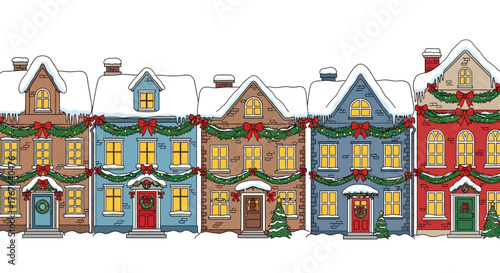 Charming festive townhouses adorned with snowy holiday decorations