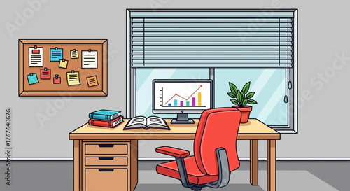 Illustration of a modern workspace showcasing financial growth and strategic planning in a bright