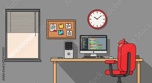 Cartoon workspace illustration of programmer's desk with computer and a window illustration
