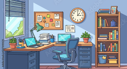 Cozy cartoon home office interior with laptop, desk, chair and bookshelf providing a calm and