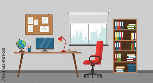 Stylized home office setup illustration with desk, cityscape view and organized bookshelf