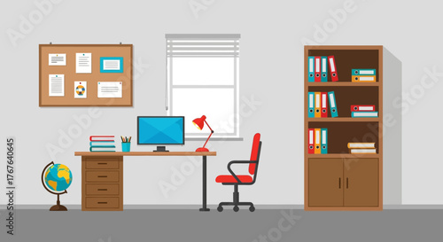Illustration of a functional and well-organized home office setup with neutral color scheme and