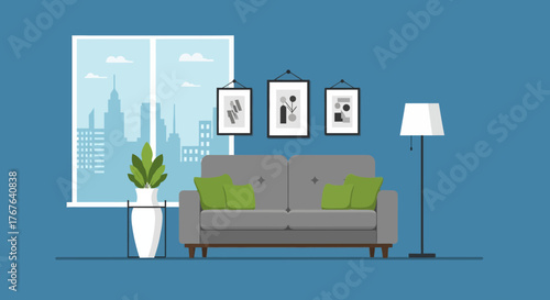 Stylized interior with cityscape backdrop showcases a modern living space aesthetic