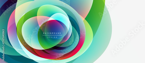 Abstract colorful circles overlap creating dynamic visual effect. Bright hues blend, forming modern background design.