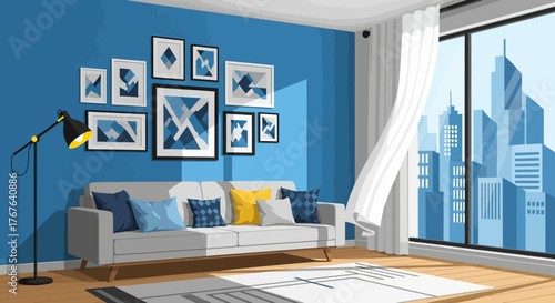 Stylized living room illustration with geometric art and a cityscape view adding sophistication