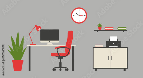 Modern office workplace illustration with computer desk red chair and organizational shelf