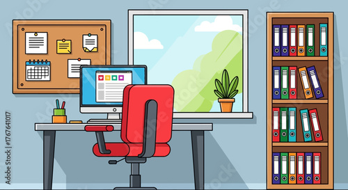 Vibrant cartoon office setup showcasing a well organized workspace for efficiency and productivity