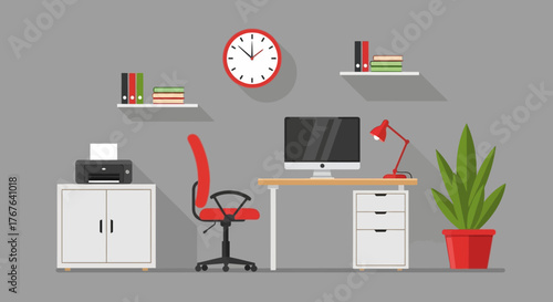 Modern work desk setup with computer, printer, office supplies, and a vibrant plant, a productive