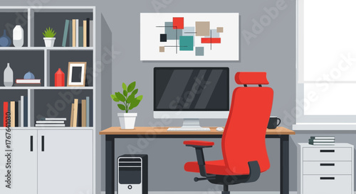 Contemporary office workspace with vibrant red chair and abstract wall art illustration