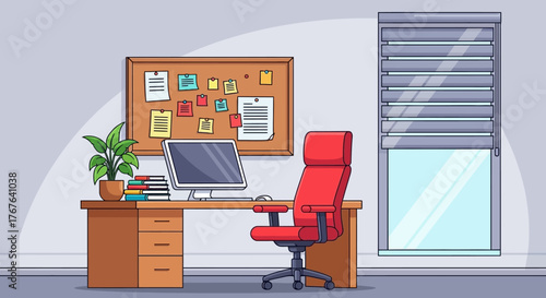 Contemporary office workspace with computer, bulletin board, comfortable chair and natural lighting