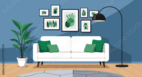 Modern Living Room Interior Design with White Sofa Green Pillows and Botanical Wall Art Display