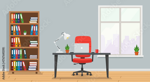 Organized office workspace with computer, binders, bookshelf and city view through the window