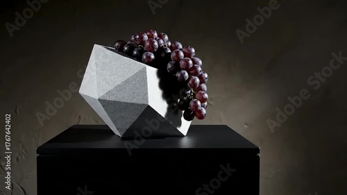 Modern Still Life with Dark Grapes in Geometric Gray Vase