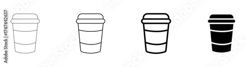 A set of four simple, modern, black and white coffee cup icons with lids, featuring thin, medium, bold outline styles and a solid fill, representing hot beverages, cafes, and daily routines.