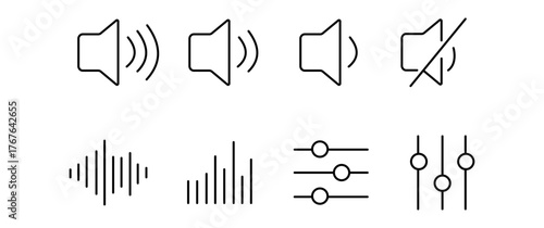 Modern vector set of outline audio control icons featuring speaker volume levels, sound wave indicators, and equalizer adjustment sliders for multimedia interface design.